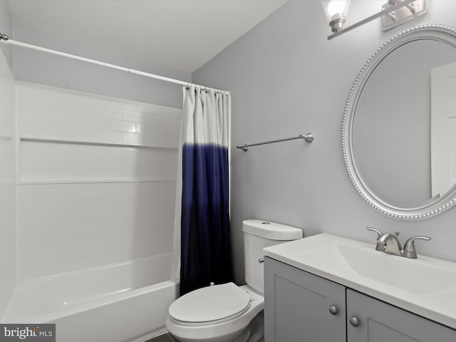 full bathroom with toilet, shower / bath combo, and vanity