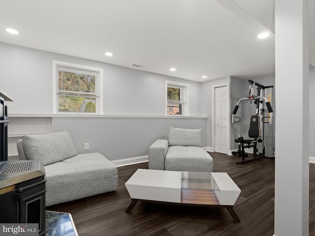 living room featuring dark wood-type flooring and plenty of natural light