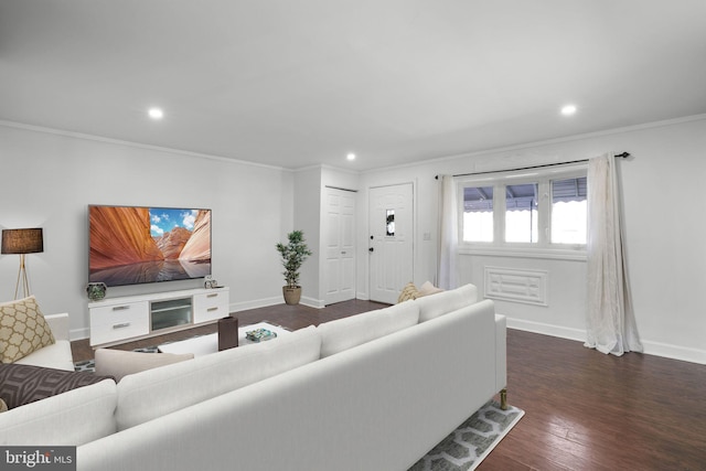 living room featuring ornamental molding and dark hardwood / wood-style floors