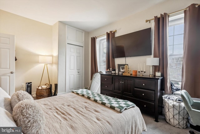 bedroom with a closet and light colored carpet