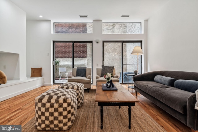 living room featuring a towering ceiling and hardwood / wood-style flooring