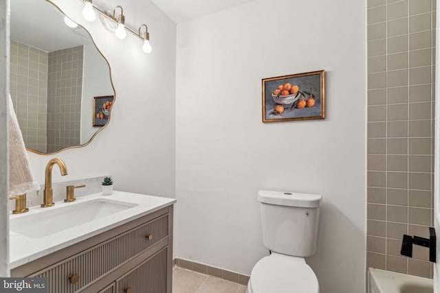 full bathroom featuring independent shower and bath, vanity, toilet, and tile patterned floors