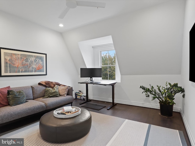 interior space with ceiling fan and dark wood-type flooring