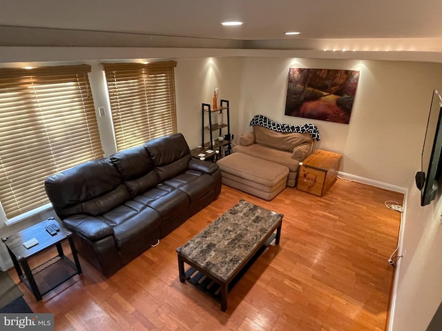 living room with recessed lighting, baseboards, and wood finished floors