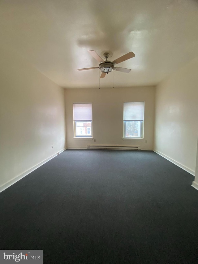 carpeted empty room featuring ceiling fan and baseboard heating