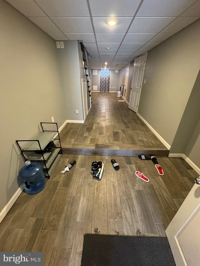 3413 Tudor St, Philadelphia, PA 19136 - playroom featuring baseboards, a paneled ceiling, and wood finish floors
