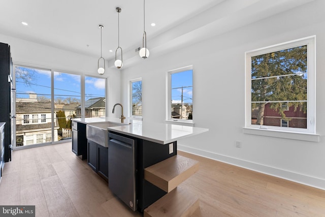 kitchen with an island with sink, dishwasher, light hardwood / wood-style flooring, decorative light fixtures, and sink