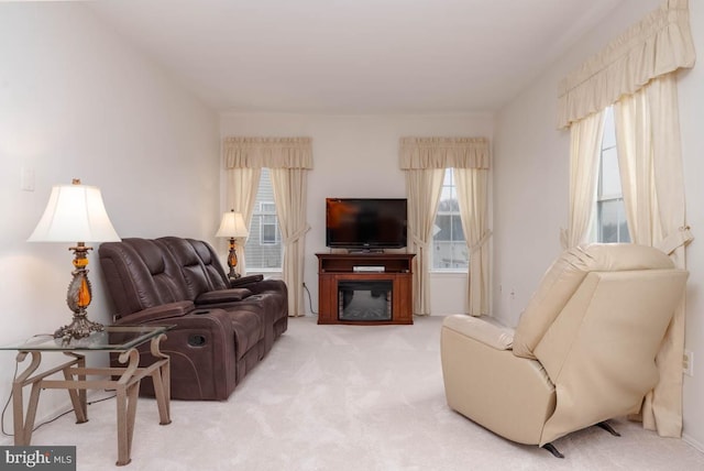 living room with light colored carpet