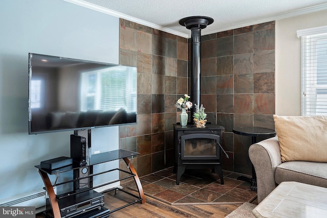 living room with a wood stove, tile walls, dark hardwood / wood-style floors, and crown molding