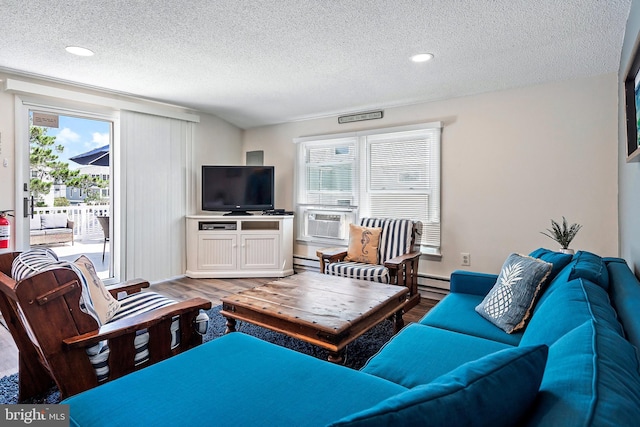 living room with a textured ceiling, plenty of natural light, and hardwood / wood-style floors