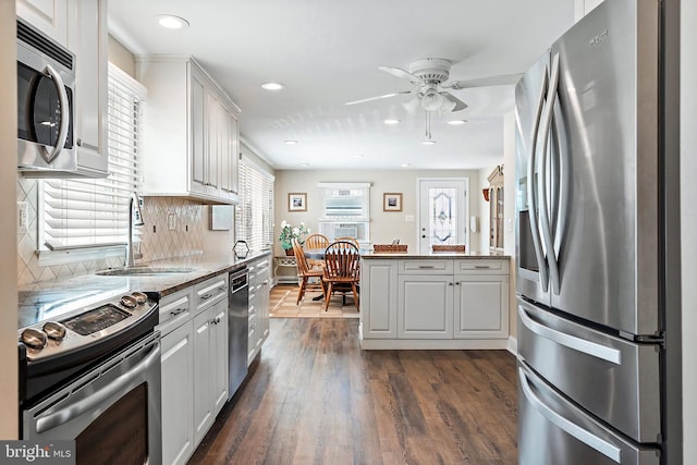 kitchen featuring white cabinets, appliances with stainless steel finishes, dark hardwood / wood-style flooring, and decorative backsplash