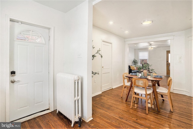 dining room with radiator and dark hardwood / wood-style flooring