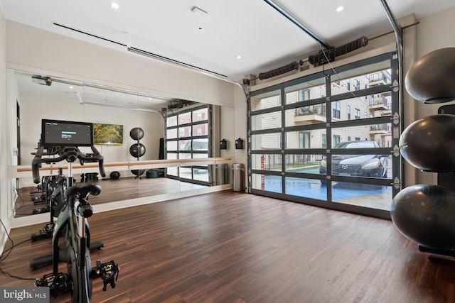 exercise room featuring wood-type flooring