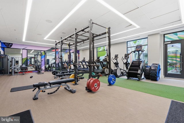 exercise room featuring a tray ceiling and carpet floors