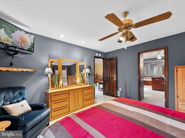 carpeted bedroom featuring ceiling fan