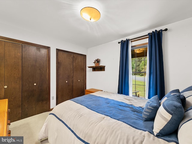 bedroom featuring carpet and multiple closets