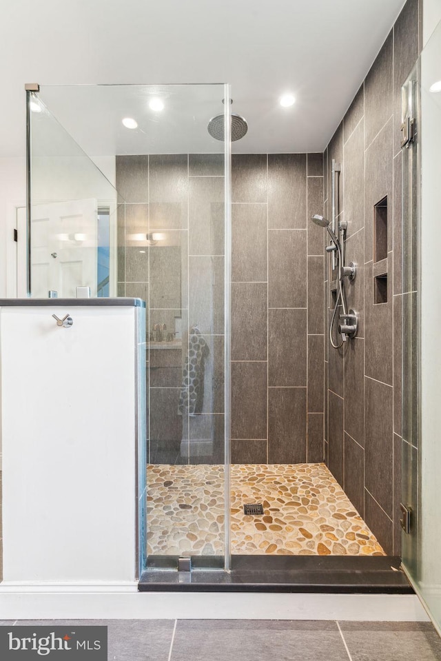 bathroom featuring a shower with shower door