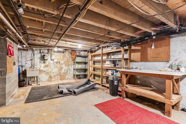 basement with sink and a workshop area