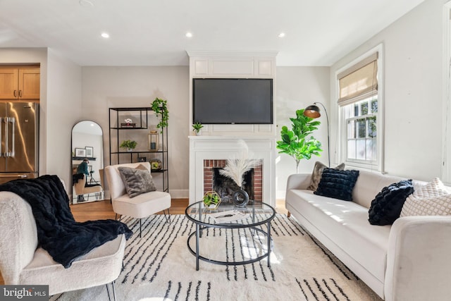 living room featuring a fireplace and light hardwood / wood-style floors