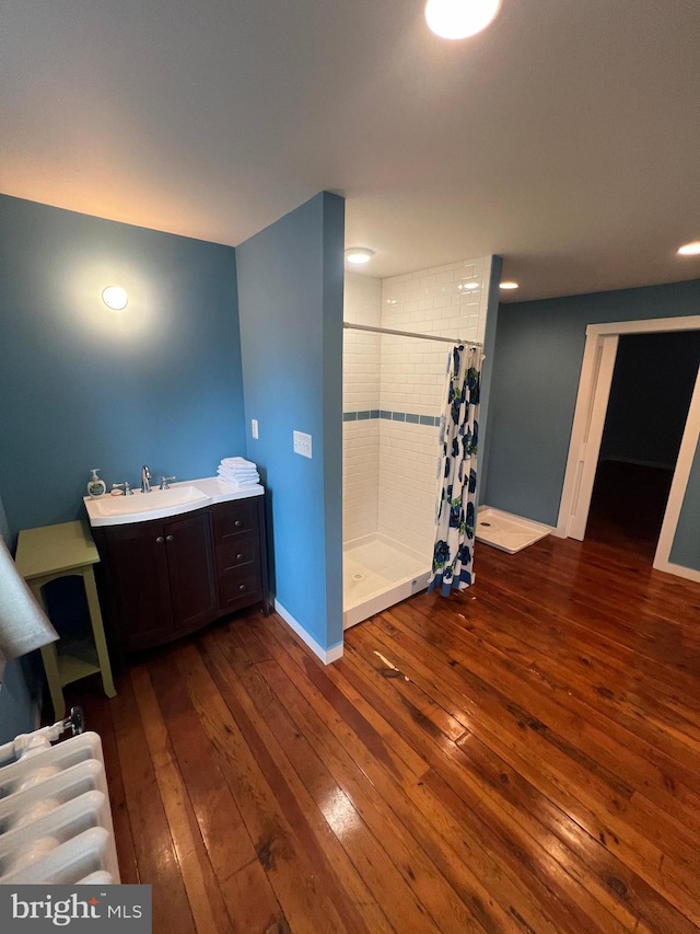 bathroom featuring vanity, wood-type flooring, and a shower with shower curtain