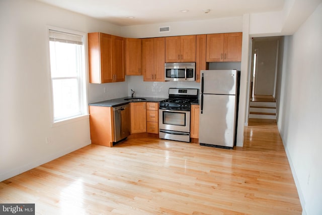 kitchen featuring stainless steel appliances, plenty of natural light, sink, and light hardwood / wood-style flooring