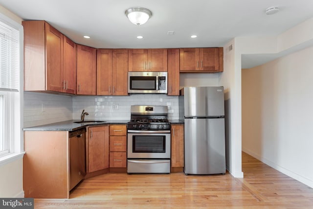 kitchen featuring light wood-type flooring, decorative backsplash, sink, and stainless steel appliances