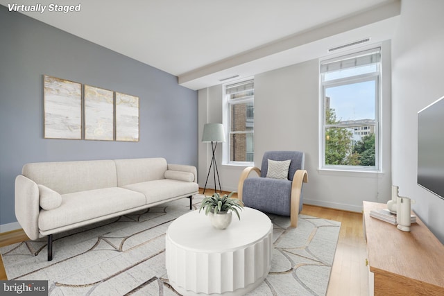 living room featuring light wood-type flooring and a wealth of natural light