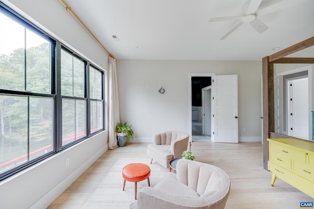 living area featuring a wealth of natural light, light hardwood / wood-style floors, and ceiling fan