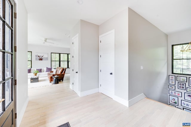 foyer featuring light wood-type flooring and ceiling fan