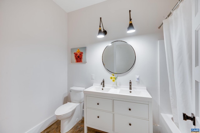 full bathroom with vanity, toilet, and shower / bathtub combination with curtain