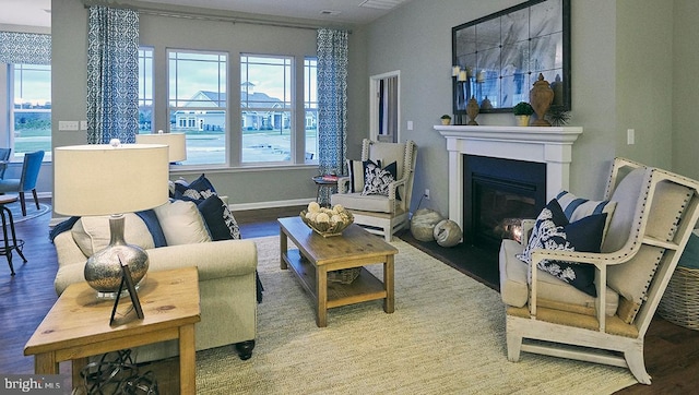 living room with a wealth of natural light and wood-type flooring