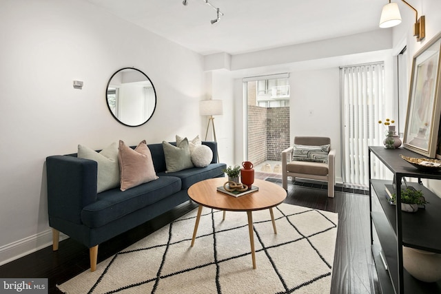 living room featuring rail lighting and hardwood / wood-style floors