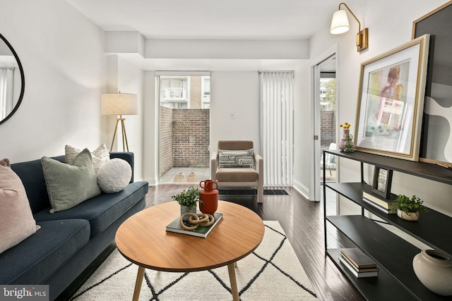 living room with a wealth of natural light and dark hardwood / wood-style flooring