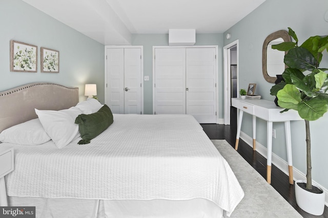 bedroom with dark hardwood / wood-style floors and multiple closets