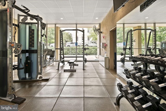 exercise room with floor to ceiling windows and a paneled ceiling