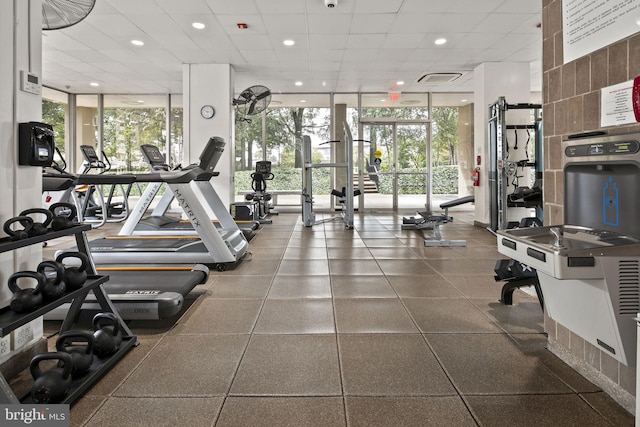 gym featuring a wall of windows and a drop ceiling