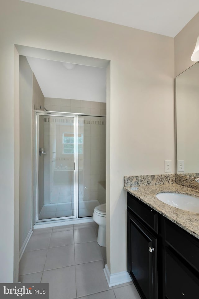 bathroom with vanity, toilet, tile patterned floors, and an enclosed shower