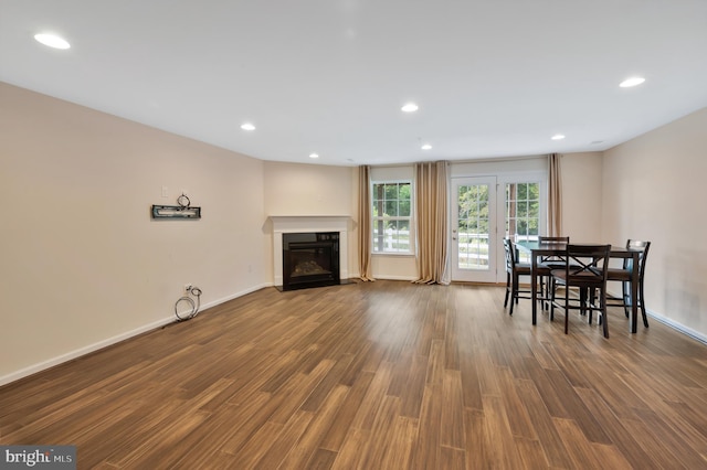 living room featuring dark wood-type flooring