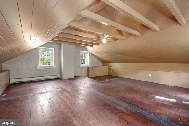 additional living space featuring baseboard heating, dark wood-type flooring, wood ceiling, and vaulted ceiling with beams