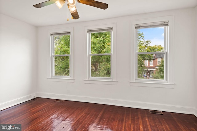 empty room featuring a wealth of natural light, ceiling fan, and hardwood / wood-style flooring