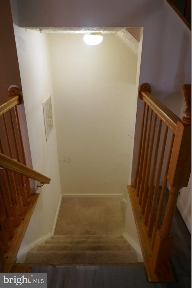 stairway with hardwood / wood-style floors