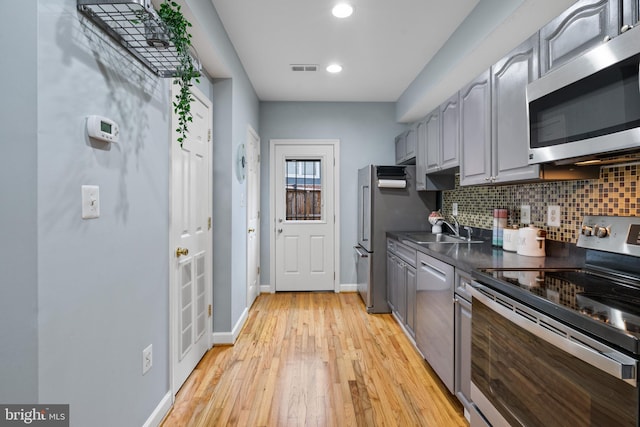 kitchen featuring light wood-type flooring, sink, gray cabinetry, stainless steel appliances, and decorative backsplash