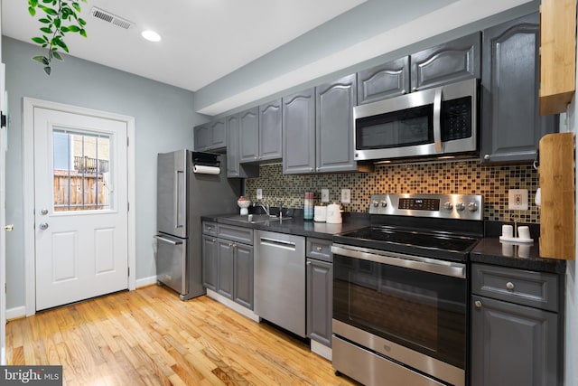 kitchen featuring light hardwood / wood-style floors, tasteful backsplash, gray cabinets, stainless steel appliances, and sink