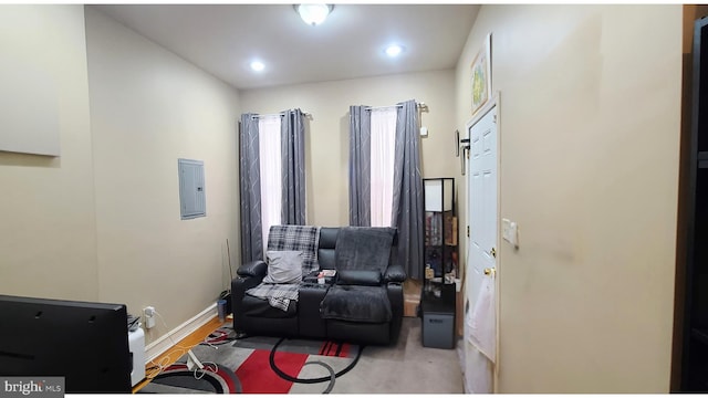 interior space featuring electric panel and light hardwood / wood-style floors