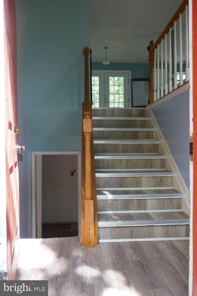 stairway with hardwood / wood-style flooring