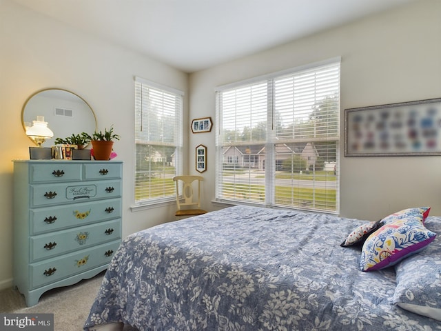 carpeted bedroom featuring multiple windows