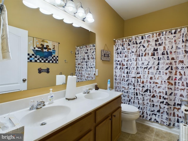 bathroom with tile patterned flooring, vanity, toilet, and a shower with shower curtain