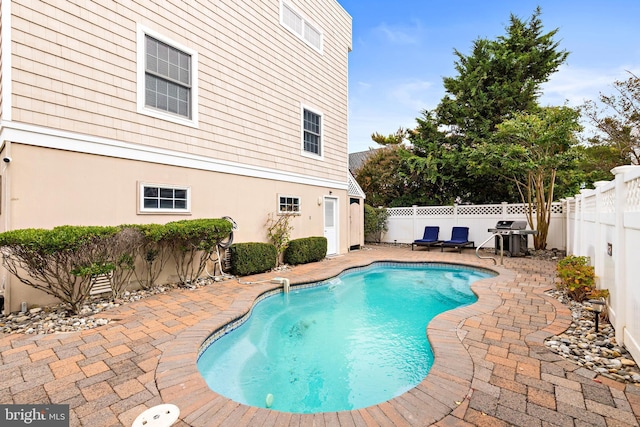 view of swimming pool featuring area for grilling and a patio area