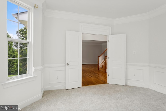 carpeted spare room featuring wainscoting, ornamental molding, and a wealth of natural light