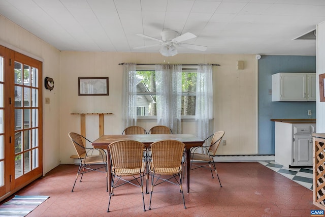 dining space featuring ceiling fan and a baseboard radiator